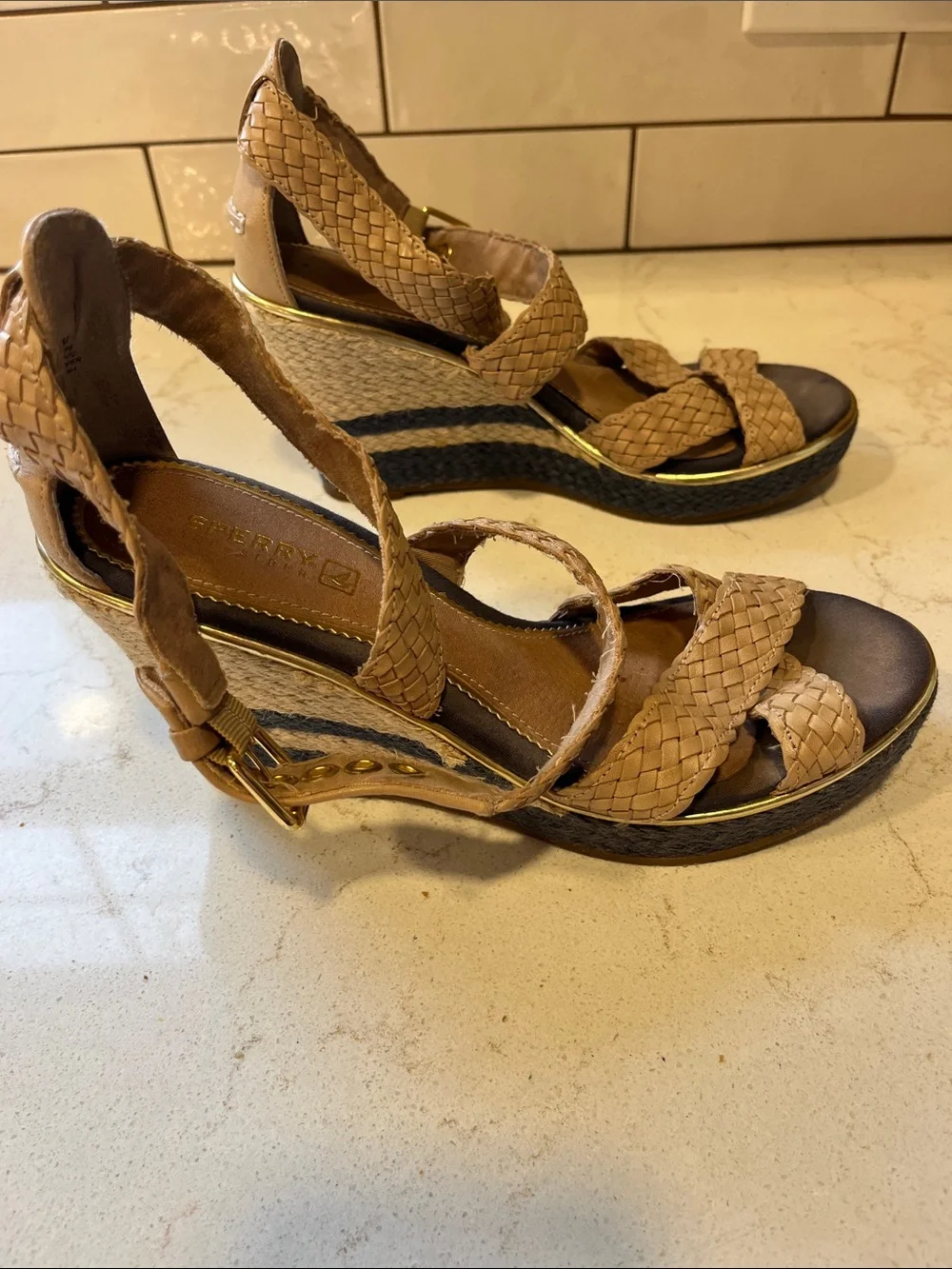 Sperry Braided Tan Wedge Sandals with Black Espadrille Platform and Gold Trim